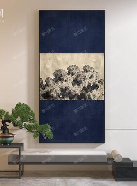 新中式中国风蓝色太湖石禅意茶室客厅餐厅装饰画玄关壁画竖版挂画