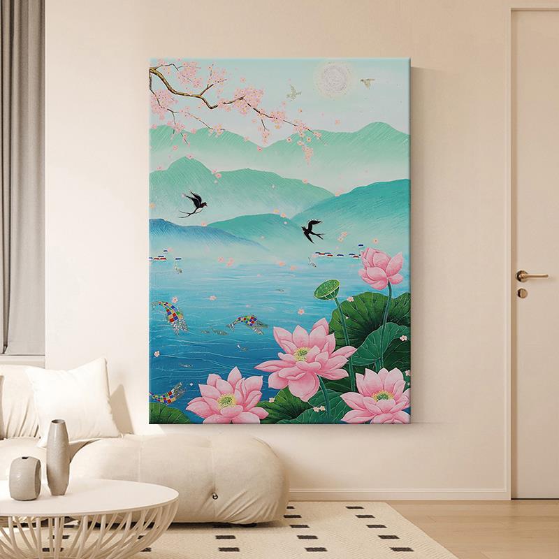 现代新中式纯手绘油画荷花客厅装饰画唯美风景玄关燕子丙烯挂画图片