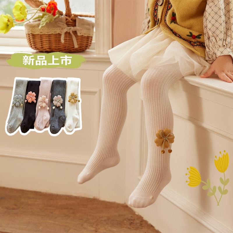 女童打底裤春秋儿童连裤袜婴儿精梳棉花朵蝴蝶结宝宝连体袜