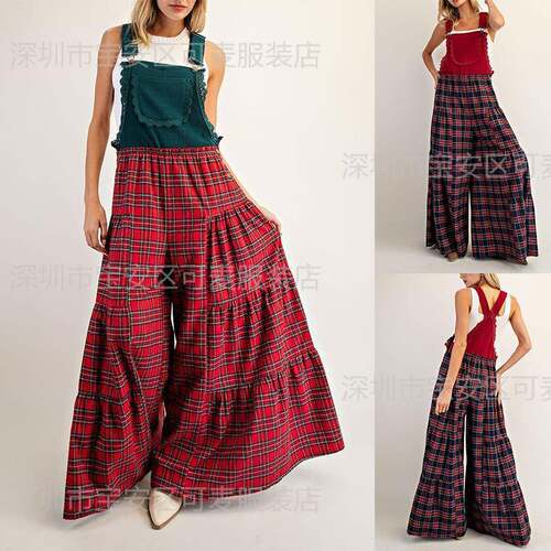 Ladies' Christmas Checkered Overalls Checkered Pants