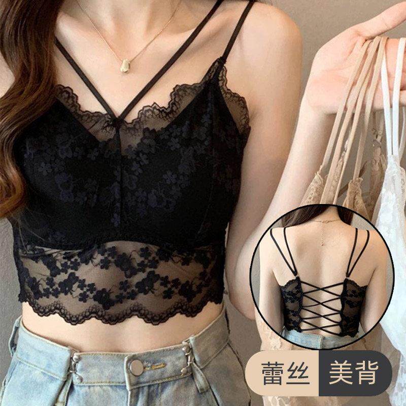 蕾丝吊带抹胸内衣显瘦交叉美背带胸垫一体打底外穿露背防走光文胸