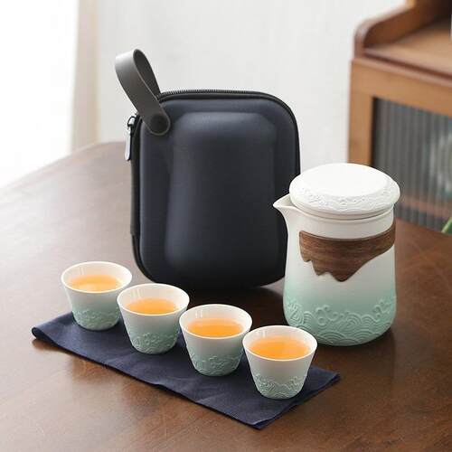 陶瓷快客杯便携式旅行茶具套装一壶四杯户外车载简易泡茶装备随身