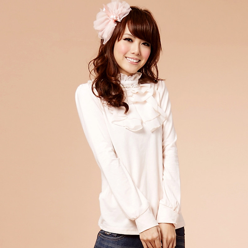 依恋2  杰杰丝女装 甜美雪纺珍珠花领长袖T恤棉质打底衫 春装 款
