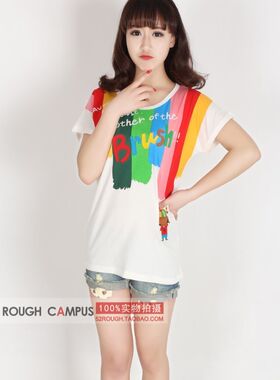 上衣2024rough可爱贴布彩虹粉刷匠蝙蝠衫女装 夏装短袖T宽松T恤潮