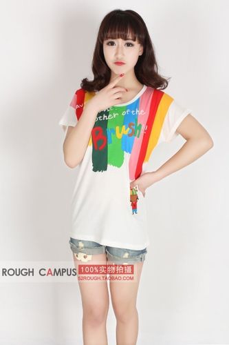 上衣2024rough可爱贴布彩虹粉刷匠蝙蝠衫女装 夏装短袖T宽松T恤潮