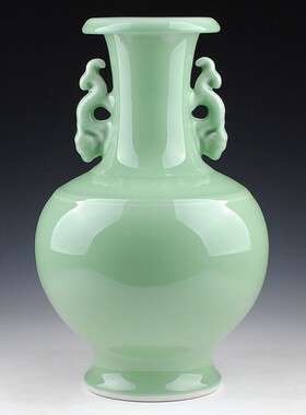 景德镇陶瓷器 传统手工青釉双耳花瓶 现代时尚家居客厅工艺品摆设