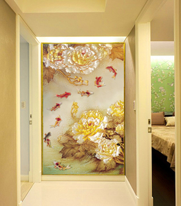 特价大型立体荷花九鱼图壁画  现代高清玄关走廊壁纸过道中式墙纸