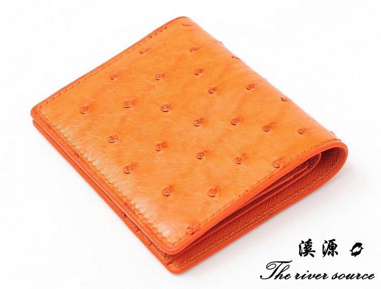 溪源手工皮具/橘色鸵鸟皮全插卡版竖款短钱包/2019新款定制卡包