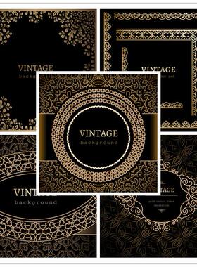 矢量设计素材 金色典雅复古欧式纹饰边框黑色背景模板 EPS格式 5P
