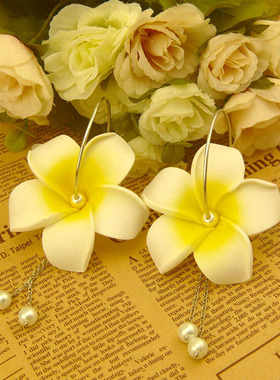 波西米亚风格巴厘情缘鸡蛋花珍珠流梳大耳环耳坠耳饰花朵耳环女