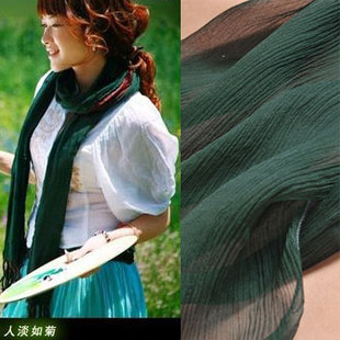 墨绿色褶皱真丝丝巾桑蚕丝春秋围脖夏防晒长款披肩薄纱巾丝绸围巾