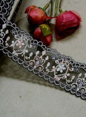 13D日单 黑色网底三色粉色灰色丝线绣蕾丝花边3.5cm宽4元1米