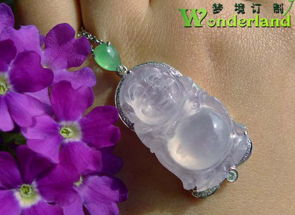 天然A货冰种白色起荧翡翠吊坠链站立佛公花件18K白金镶玉钻现货特
