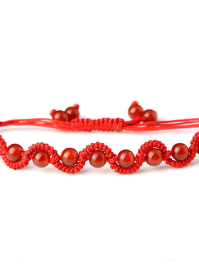 天然红玛瑙手链 本命年红手绳手链 手工绳编红玛瑙手串 女款