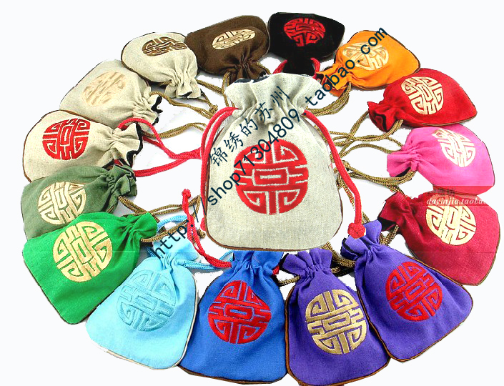 麻布绣字手机包零钱包核桃袋 小布袋念佛珠束口袋包装袋/首饰袋