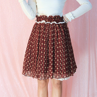 清仓特卖花炮大叔日系田园仙女风花边松紧腰带圆点雪纺半身中裙