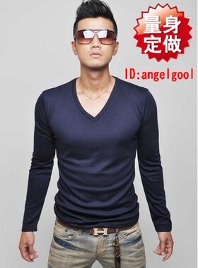秋季韩版男士深蓝色V领长袖T恤 修身长款单衣纯色鸡心领打底T恤衫