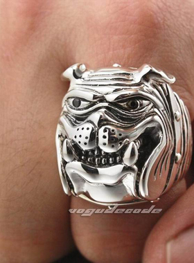 闪亮斗牛犬男士纯银饰品生肖戒指