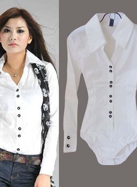 白色百搭连体衬衫女长袖韩版修身新款白领职业OLV领大码连裆衬衣