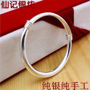纯手工打磨银手镯足银999纯银女经典实心镯子光面圆条伸缩推拉