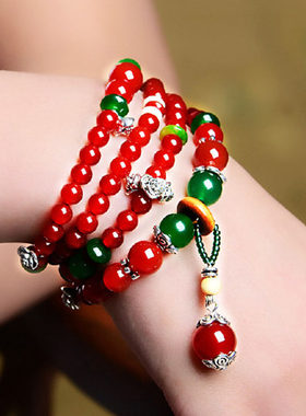 天然红玛瑙多层佛珠手链