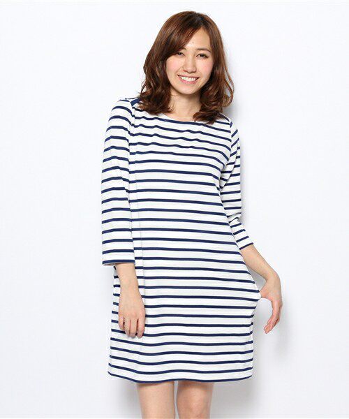 包邮日本外贸原单another branch条纹口袋七分袖纯棉连衣裙妈妈装