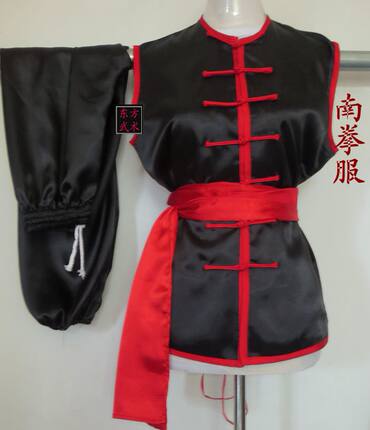 黑色包红边无领无袖夏季男女款进口仿真丝南拳服 武术服装送腰带