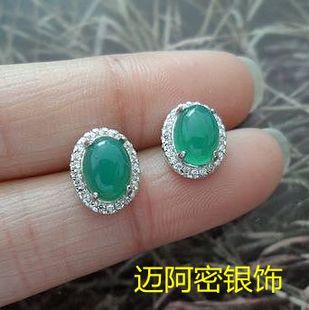 镀白金 泰银 手工银 曼谷 白晶绿玉髓好运耳钉1.1cm 925纯银
