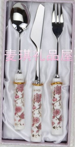 韩国进口餐具 24k金边骨瓷柄不锈钢甜品咖啡勺水果叉黄油刀富贵花