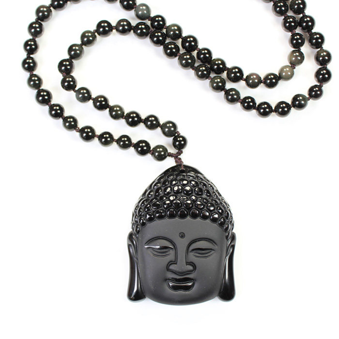 天然黑曜石释迦摩尼吊坠 乌金黑曜石佛头吊坠大号佛像毛衣链