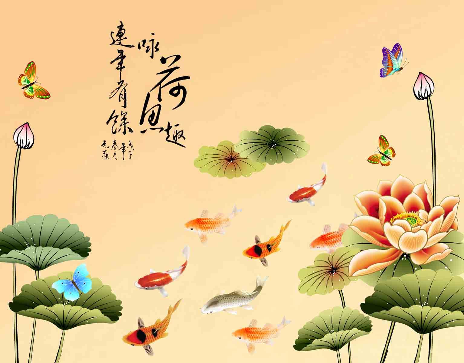 181素材鲜花卉海报展板装饰画墙画壁画挂画69荷塘鱼趣 ps海报印制