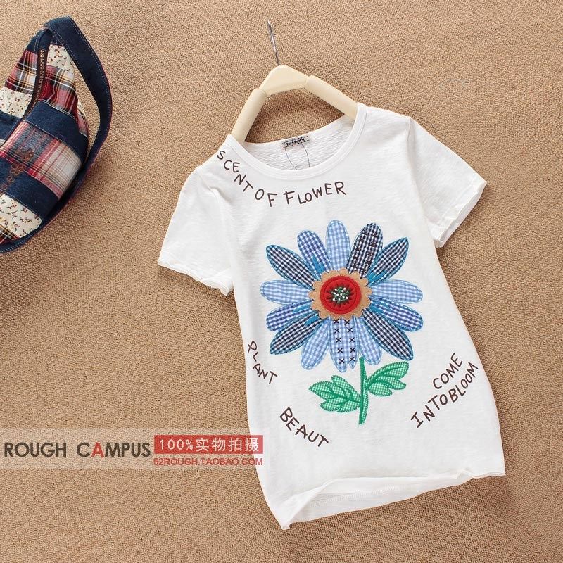 新款夏装外贸原单rough短袖t恤森女系日系简约宽松可爱刺绣太阳花