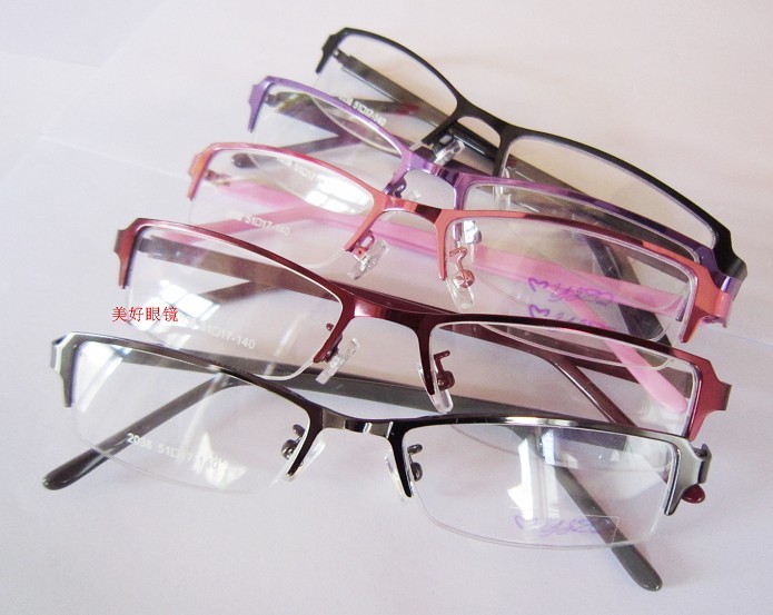 粉红色半框细腿金属近视眼镜架