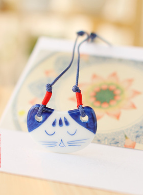 陶瓷1987 景德镇陶瓷项链 蓝色可爱猫脸毛衣链 吊坠 挂件