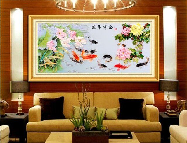 diy新款丝带绣客厅大幅莲年有余鸿运当头九鱼图立体彩印非十字秀