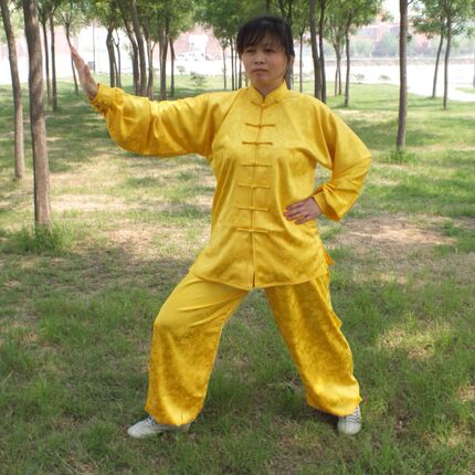 缎面金黄色龙纹提花太极服表演服男女陈家沟太极拳武术练功服包邮