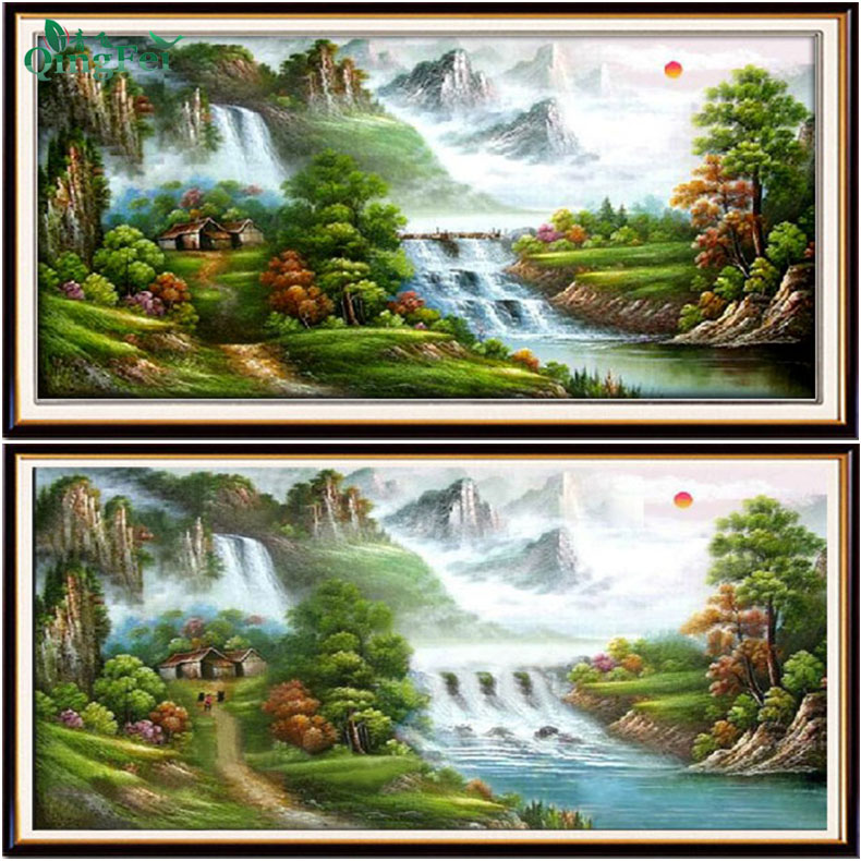 青飞精准印布山野人家十字绣旭日东升流水生财山水风景客厅钻石画,居家布艺,十字绣套件,淘宝优惠券,粉丝福利购,淘宝优惠卷