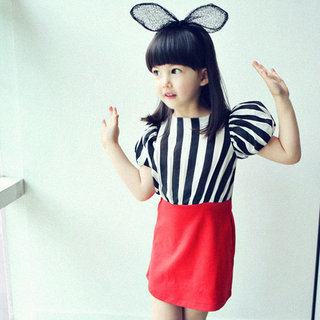 韩国童装女童2014夏装新款 大牌时尚拼接条纹儿童短袖连衣裙
