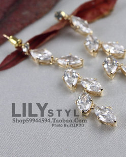 新品 超闪 女 锆石 迷人水晶树叶吊坠耳环 长耳饰 金银双色耳坠