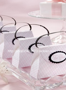 RedBox欧式婚庆用品 迷你粉色格仔手袋喜糖袋 结婚喜糖盒 12个