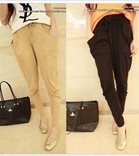 韩版 超舒服 薄款 系带哈伦裤 黑色0240