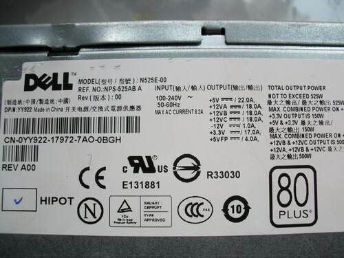 Dell t3400电源 Dell YY922 YN637 525W N525E-00 NPS-525AB A