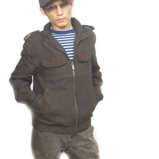 男款春秋季长袖日韩版亚麻帅气军款修身肩章潮人短外套休闲夹克