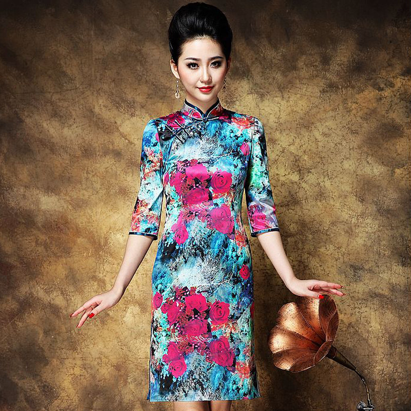 均偌 春季女装中袖旗袍 短款 大码改良女旗袍裙 秋装时尚