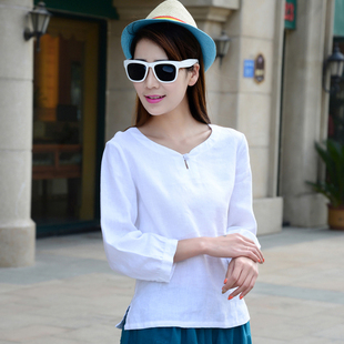 2023春夏亚麻女装棉麻圆领衫衣七分袖打底衫文艺中式收腰衬衫