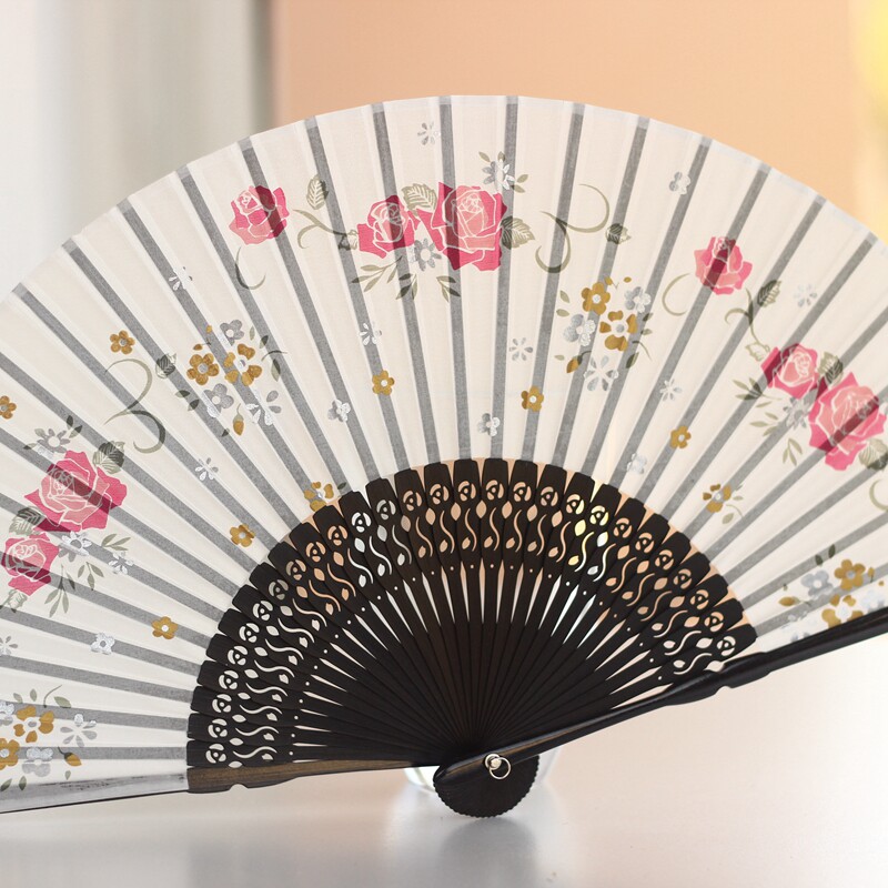 【江户日式】日本和风折扇子 竹柄和服扇 精品女扇 烤漆 烫金蔷薇