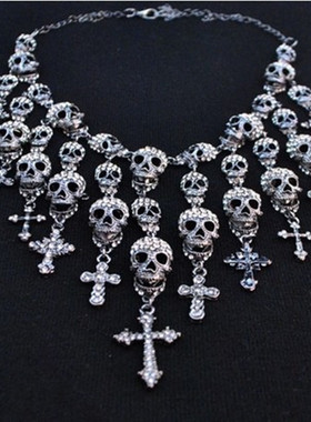 朋克风夸张多层满钻骷髅头项链
