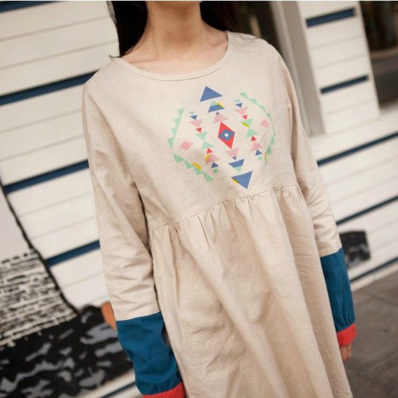 2020新款森系几何印花棉麻宽松拼接撞色长袖连衣裙少女高腰短裙在类目 女装/女士精品, 连衣裙中 - 来自Buy2taobao.com提供专业的淘宝代购服务