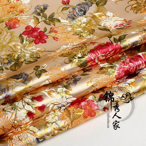 织锦缎中国风服装金底牡丹布料