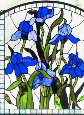 艺术玻璃玄关隔断屏风吊顶桌面 Tiffany蒂凡尼欧式教堂蓝色花雕刻